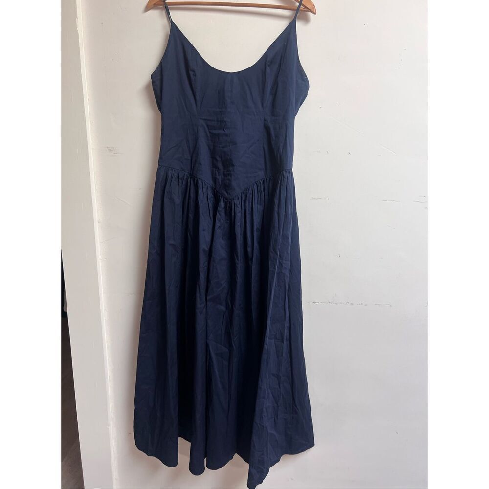 Staud Women's Navy Spaghetti Strap Drop Waist Poplin Dena Maxi Dress Sz 12 NWOT - Picture 11 of 15